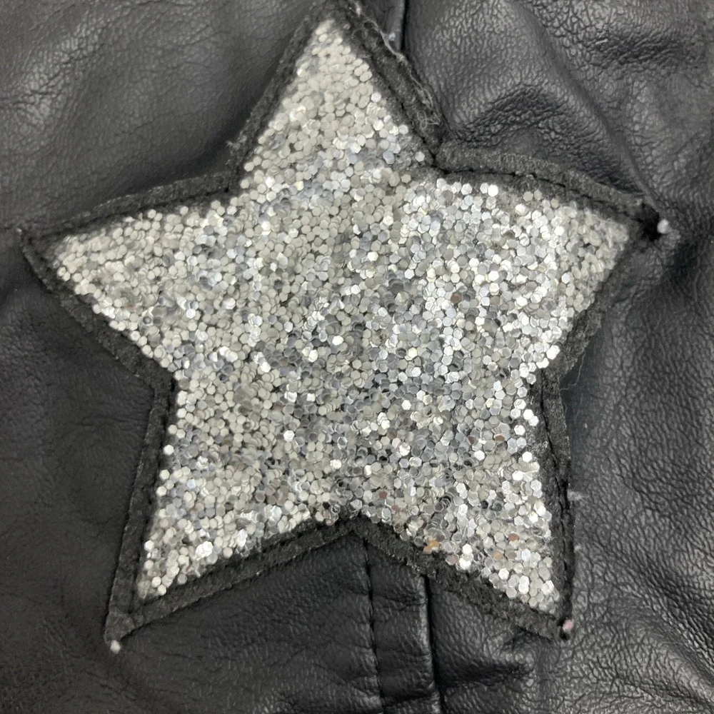 Justice Girls Jacket Size 6/7 pleather motto Black With Silver Stars Zip Up